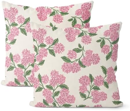 Preppy Pink Spring Pillow Covers 20x20 Inch 2 Pcs Green Hydrangea Flower Decor Throw Pillows Vintage Floral Seasonal Summer Outdoor Decoration Pillowcase Linen Cushion Cover for Couch Sofa by DAFENA