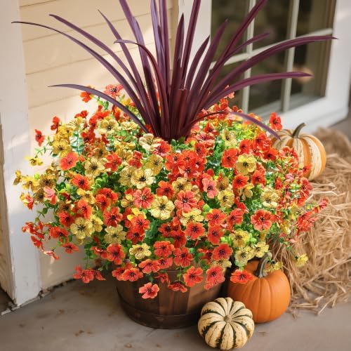 Fall Flowers Artificial Mums for Outdoors Autumn Decor, 12 Bundles Fake Fall Mums with 1 pcs Burgundy Orchid Leaf UV Resistant Realistic Faux Plants for Outside Home Porch Patio Planter, Orange Yellow - Image 2