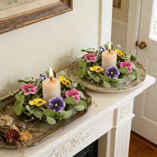 6 PCS Summer Floral Wreaths for Kitchen Cabinet Artificial Pansy Flowers Wreaths with Fern Branches Flocked Lamb Ear Leaves Mini Wreath Spring Floral Small Wreath for Table Centerpiece Farmhouse Decor - Image 7