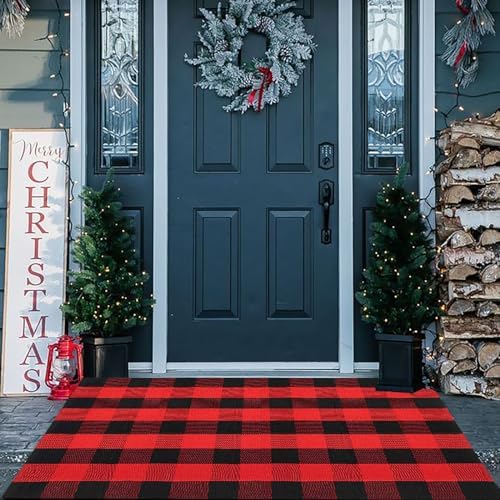 Christmas Door Mat Outdoor 35.4''x59'' Buffalo Plaid Christmas Decor Rug Cotton Hand-Woven Layered Door Mats Washable Carpet for Front Porch, Kitchen, Farmhouse, Entryway by CAINANEL