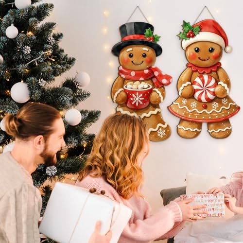 2 Pcs Christmas Door Decor, Gingerbread Man Woman Wood Welcome Sign Decor - Image 6