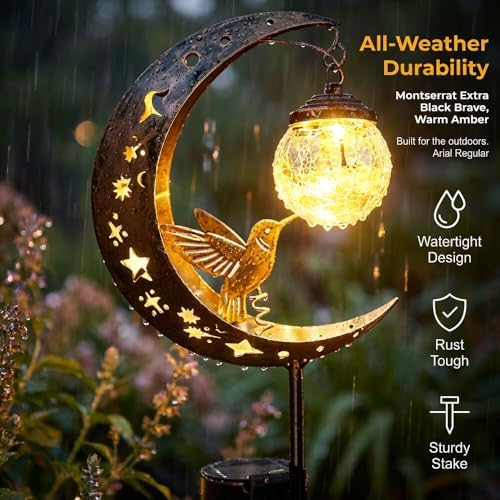 Hummingbird Moon Solar Garden Stake Light,Solar Garden Lights Outdoor Decor,Crackle Glass Fairy Lights,Solar Lights for Garden,Metal Stake Ornament for Patio Lawn Pathway Decor (Hummingbird) - Image 3