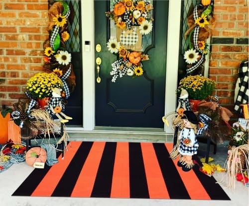 Striped Layered Doormat 27.5"x43",Orange Black Farmhouse Front Porch Rug - Image 4