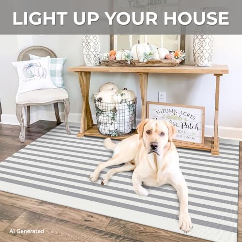 IOHOUZE 3x5 Striped Outdoor Rug, Washable Front Porch, Grey White - Image 7