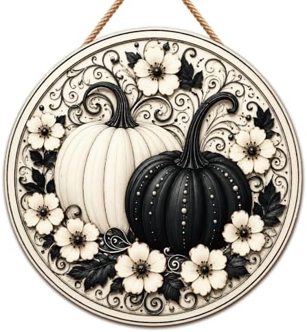 Fall Decor - Black and White Pumpkin Wreath Door Sign for Front Door by OHOME