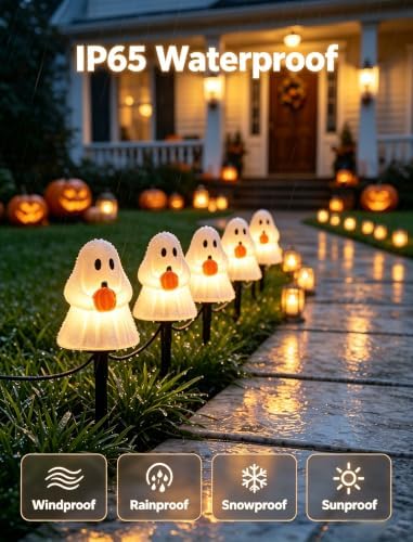 10.5FT Halloween Ghost Pathway Lights, 5PK LED Ghost Stake Lights - Image 3