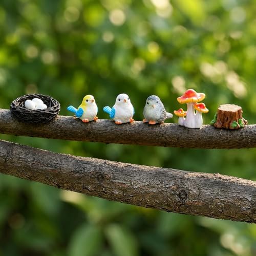 Fairy Garden Accessories, 7 Pieces Birds Resin Figures with Bird's Nest Mushroom, Handmade Miniature Decor, Garden Miniatures Home Outdoor Decors, Perfect DIY Gift - Image 3