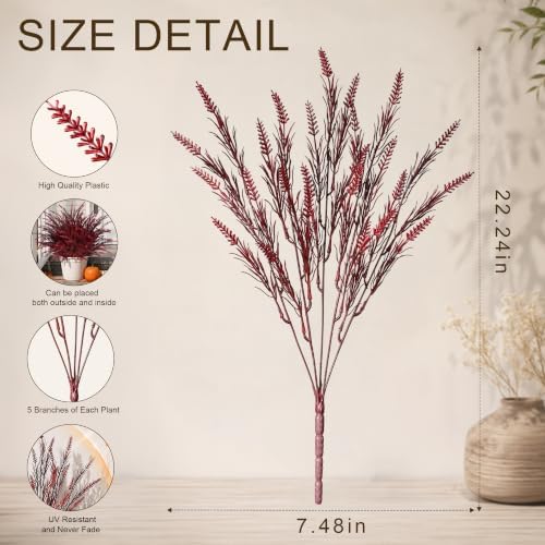 HyeFlora Artificial Fake Outdoor Plants for Fall Decoration, 8PCS Faux Wheat Grass Greenery Shurbs UV Resistant Fake Plant for Planter Home Garden Porch Window Box (Burgundy) - Image 2