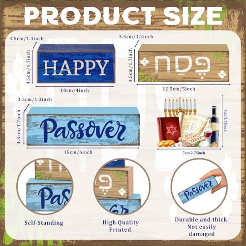 Lineshading 4 Pcs Wooden Passover Block Signs Farmhouse Tiered Tray Decor - Image 3