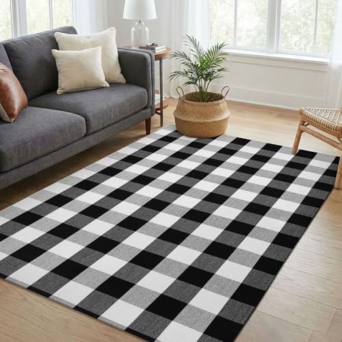 KOZYFLY Buffalo Plaid Area Rug 4 x 6 Ft Black and White Checkered Rug Washable Outdoor Rugs Cotton Rugs for Bedroom Front Door Mat Carpet for Front Porch Living Room Dining Room Kitchen - Image 3