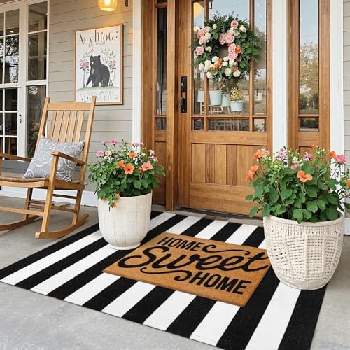 KIMODE Black and White Outdoor Rug Fall Front Door Mat Porch Paito Rug - Image 3