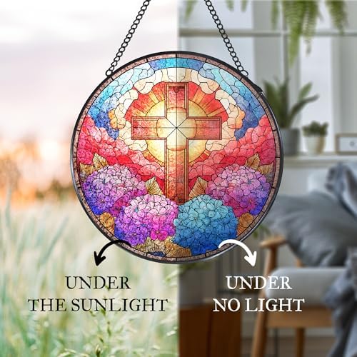 Cross Hydrangea Flower Stained Glass Window Hanging Suncatcher, Christian Cross Sun Catcher Indoor Window Decor, Christian Gifts Painted Glass Round Wall Hanging Decorations, 7.8x7.8 in - Image 6