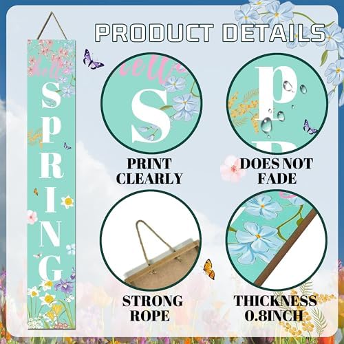 Spring Porch Sign Watercolor Flowers Hello Spring Front Door Hanging Decorations Indoor Outdoor Wooden Vertical Standing Welcome Sign For Home Yard Season Decor 47 x 7.8 inch - Image 3