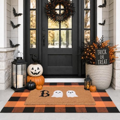 Halloween Door Mat Combo Set, Boo Ghost Coco Coir Welcome Doormat + 28" x 43" Black and White Plaid Rug, Autumn Halloween Front Porch Entryway Decor Floor Mat - Image 3
