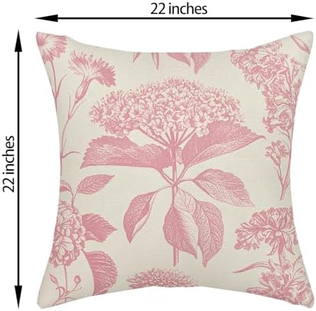 Pink Pillow Covers 22x22 Inch 2 Pcs Boho Vintage Floral Decor Throw Pillows Hydrangea Flower Seasonal Outdoor Farmhouse Neutral Accent Decoration Pillowcase Linen Cushion Cover for Sofa - Image 6