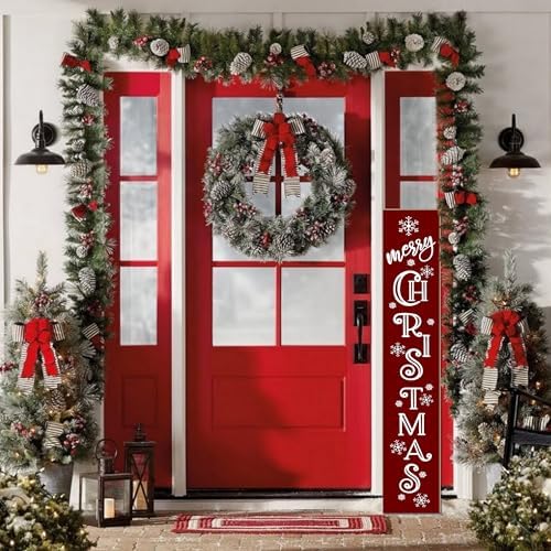 Merry Christmas Sign Xmas Front Door Hanging Decor Wooden Vertical Indoor Outdoor Porch Standing Signs For Garden Home Yard Farmhouse Porch 47.2 x 7.8 Inch - Image 4