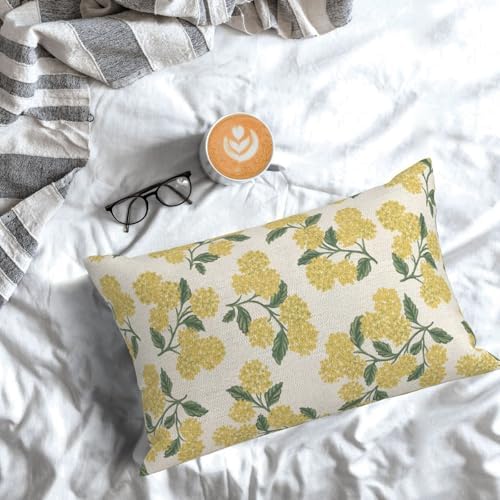 Mustard Yellow Outdoor Pillow Covers 12x20 Inch 2 Pcs Green Hydrangea Flower Decor Throw Pillows Spring Summer Seasonal Vintage Floral Decoration Pillowcase Linen Cushion Cover for Couch Sofa - Image 3