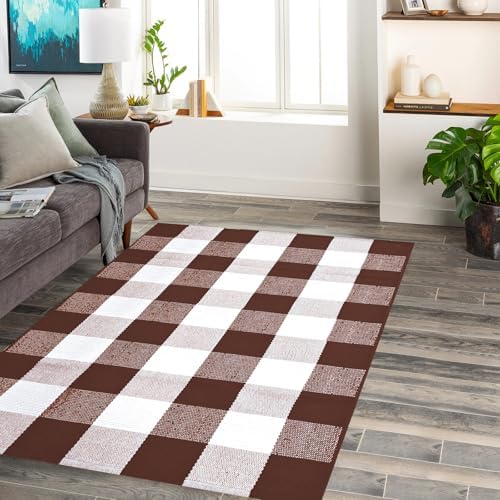 Buffalo Plaid Rug 28 x 43 Inches Fall Outdoor Front Door Decor Mat, Cotton Washable Hand-Woven Rug for Layered Doormat, Autumn Halloween Thanksgiving Carpet for Porch (Brown and White Plaid) - Image 4