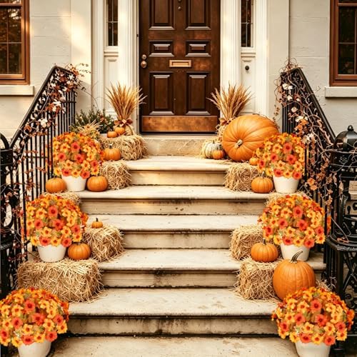 Artificial Fall Flowers for Outdoors, Faux Petunias Autumn Decoration, Fake Flowers Plants UV Resistant Look Real Silk Flowers for Outside Planter Front Door Porch Patio Yard (6, Orange-Yellow) - Image 6