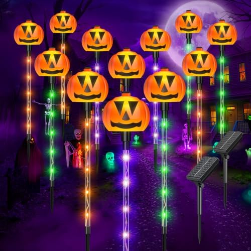12 Pack Halloween Outdoor Decorations Solar Pathway Stake Pumpkin Lights by AHAORIGIN