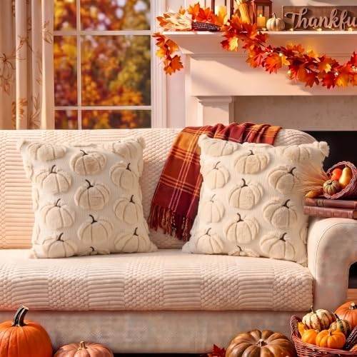 Fall Pillow Covers Pumpkin Fall Decor 16x16 Set of 2 Beige - Image 6