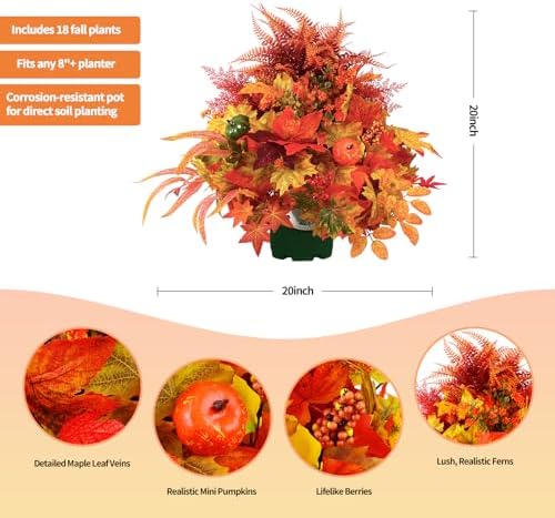 Artificial Fall Flowers for Outdoors – 2PCS 20" Pumpkin & Maple Leaf Potted Plants, Autumn Decorations for Thanksgiving, Halloween & Home Gifts - Image 5