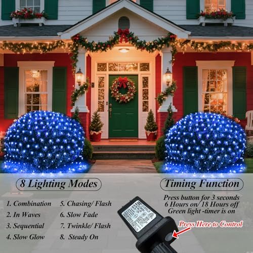 360LED Net Lights, 21ft x 5ft Connectable Christmas Mesh Lights with Timer & 8 Lighting Modes, Waterproof Outdoor Bush String Light for Halloween Xmas Tree Holiday Party Garden Hedge Patio - Blue - Image 2