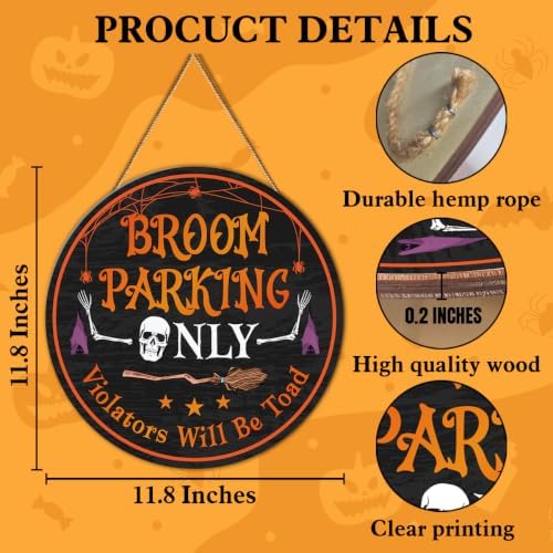 Halloween Door Decor Broom Parking Sign Halloween Witch Skeleton Decoration Wooden Hanger for Front Door Porch Wall Indoor Home Office Decor - Image 2