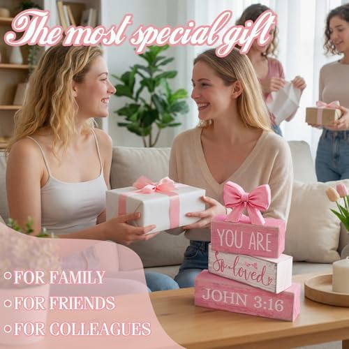 Lineshading 4 Pcs Pink Bow Decor Christian Table Decor Wooden Block Signs - Image 5