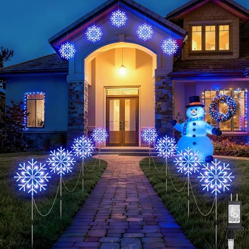 Brightown Large Snowflake Pathway Lights,10-Pack 34" Outdoor Snowflake Christmas Lights Decor for Yard, 8 Modes Sidewalk Marker Stake for Driveway Walkway, IP44 Waterproof,Blue and White by Brightown