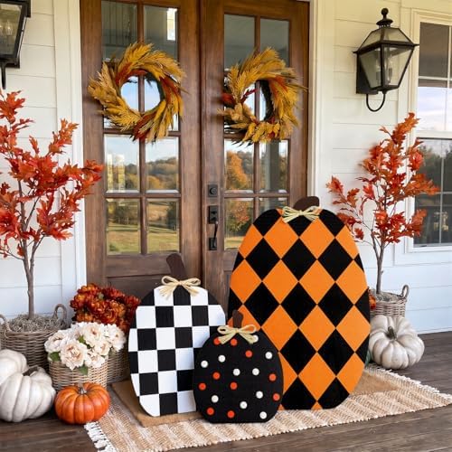Amyhill 3 Pcs Wooden Pumpkins Outdoor Fall Decor, Fall Porch Decor 24 Inch - Image 2