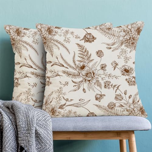 CXMEIFLY Spring Floral Leaves Pillow Covers 18 x 18 Inch Set of 2 for Chinoiserie Flowers Decor Throw Pillows Brown and White Seasonal Plant Outdoor Decorative Cushion Cases for Couch Bed Decorations - Image 2