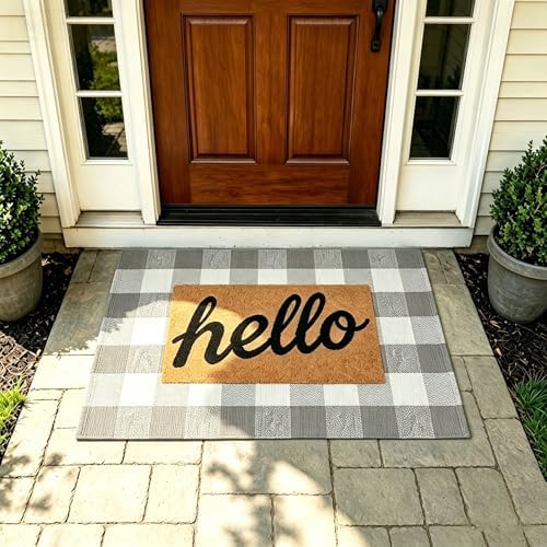 MUBIN Cotton Buffalo Plaid Rug, 27.5x43 Gray White Outdoor Rug Front Door Decorative Mat, Washable Doormat Hand-Woven Foldable Area Rug Layered Door Mats Rug for Front Porch, Entryway, Patio - Image 4