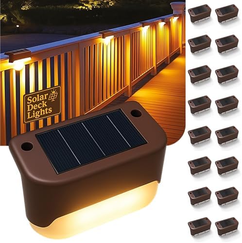 Solar Deck Lights Outdoor 16 Pack, Peel And Stick Deck Railing Lights, Long-lasting & Durable Waterproof For Outdoor Stairs, Step, Fence, Yard, Balcony, Patio, Railing, Garden & Pathway, (Warm White) by OZEM