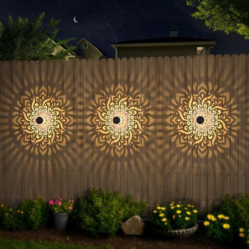 2 Pack Large Solar Fence Lights Metal Solar Powered Outdoor Wall Deck Step Lights Mandala Theme Waterproof Fence Light for Garden Post Patio Backyard Yard Decor, Gardening Gifts for Women Mom Grandma - Image 3
