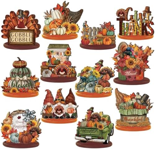 Leinuosen 12 Pcs Fall Decorations for Home Wooden Turkey Decor Thanksgiving Table Decorations Fall Centerpiece Maple Leaves Pumpkin Turkey Wooden Block Sign for Harvest Party Home Tiered Tray by Leinuosen