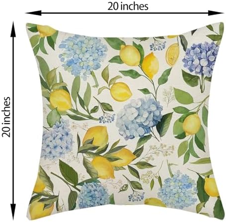 Blue Yellow Pillow Covers 20x20 Inch 2 Pcs Blue Hydrangea Floral Decor Throw Pillows Vintage Lemon Flower Seasonal Summer Outdoor Decoration Pillowcase Linen Cushion Cover for Couch Sofa - Image 6