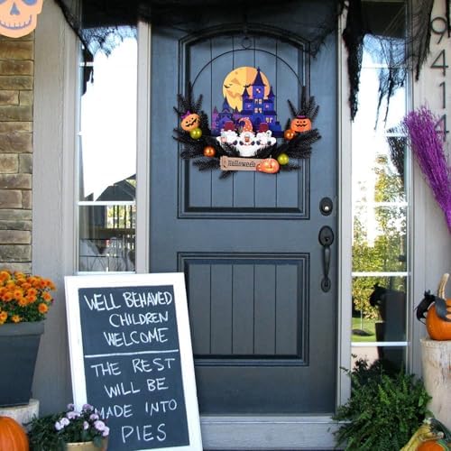 Pre-Lit Halloween Wreath for Front Door, Lighted Dwarf with 6H On/18H Off - Image 4