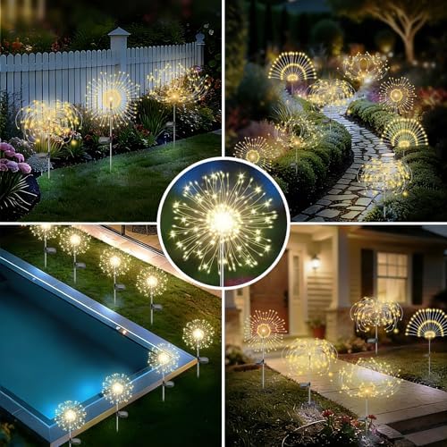 Solar Garden Lights Outdoor, 2 Pack 120 LED Twinkling Firework Lights Decorative with 2 Modes, Outdoor Waterproof Solar Starburst Light for Yard Pathway Planter Patio Decor, Warm White - Image 5
