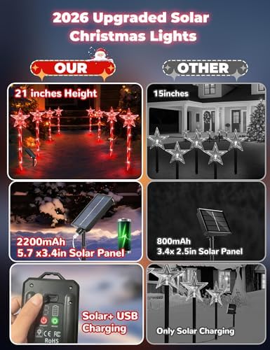 Solar Christmas Lights Outdoor 8 Pack, 2200mAh Solar Xmas Decorations Star Light, 8 Lighting Modes IP65 Waterproof Christmas Pathway Lights Outside for Garden, Yard, Street, Park, Holiday (RED) - Image 2