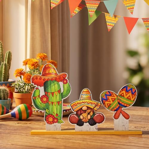 Smile Cinco De Mayo Standing Wooden Decor Set, 3-Piece Mexican Fiesta Wooden Cutouts (Cactus, Gnome, Maraca) for Tabletop & Party Display - Image 3