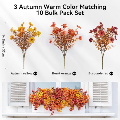 FR 10 Bundles Artificial Flowers for Outdoors/Indoors, UV Resistant Faux Plastic Plants for Home Decor, Faux Plants for Spring Summer Porch, Window Box & Vase Decoration（Autumn Violet 3 Colors） - Image 2