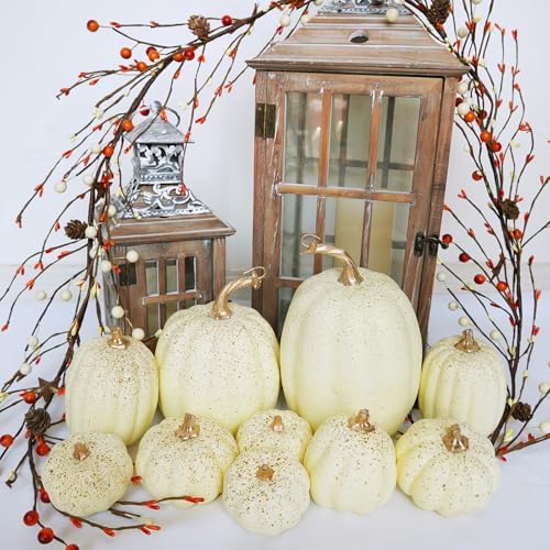 Winlyn 10 Pcs Assorted Size Rustic Cream Artificial Pumpkins Fall Harvest Pumpkins Decorative Foam Pumpkins for Autumn Farmhouse Wedding Baby Shower Thanksgiving Halloween Tabletop Centerpiece Décor - Image 5