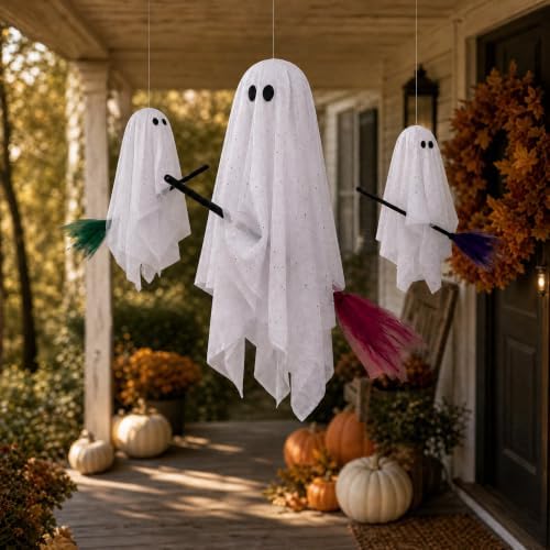 Halloween Decorations Outdoor, 3 Pack Hanging Light Up Ghosts on Brooms - Image 5