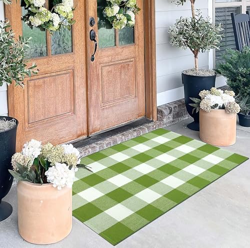 Green White Buffalo Plaid Layered Doormat27.5"x43.3" Cotton Front Porch Rug - Image 4