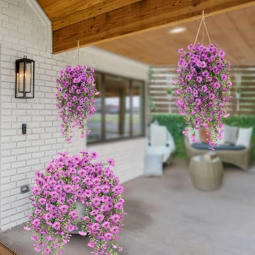 Sggvecsy Artificial Fake Hanging Flowers Plants for Outdoor Outside Spring Summer Decoration 2PCS Faux Silk UV Resistant Realistic Mums Daisy with Eucalyptus for Home Porch Patio Balcony(Magenta) - Image 6