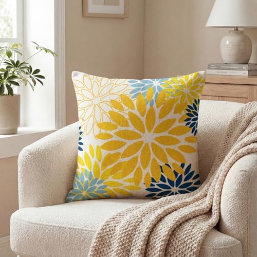 AVOIN colorlife Dahlia Flowers Yellow and Blue Waterproof Outdoor Throw Pillow Covers, 18 x 18 Inch Outdoor Summer Cushion Case Decoration for Patio Garden Porch Set of 2 - Image 5