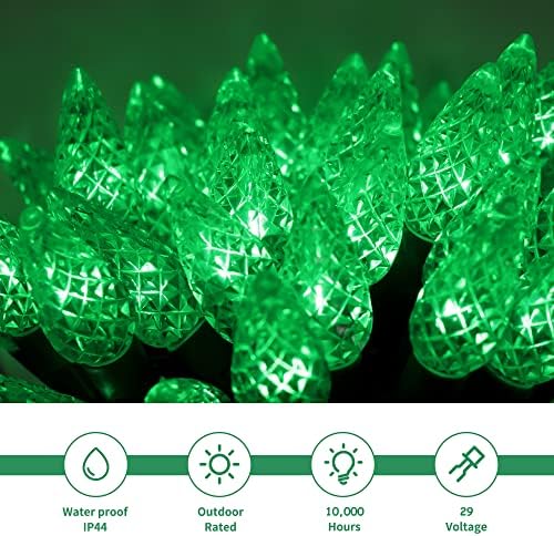 WATERGLIDE C6 Christmas Lights, 33ft 100 LED Faceted String Lights Green Wire Fairy Lights with 29V Safe Adaptor, 8 Lighting Mode, Waterproof for Indoor Outdoor Patio Xmas Tree Party Decor, Green - Image 4