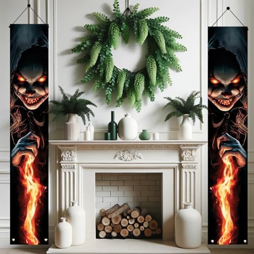 2PCS Halloween Porch Banners Evil Clown 71x12 Inch Vertical Hanging Door Decorations, Scary Haunted House Outdoor Signs for Front Porch Trick or Treat Party Entrance Wall Decor - Image 5