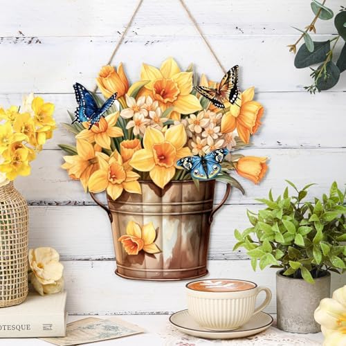 Novabright Spring Decorations for Home Spring Daffodil Hanging Sign Daffodil Porch Door Hanger Decor Rustic Wood Wall Hanging Decoration for Home Porch Door Decor and Mom Wife Grandma Gift - Image 6